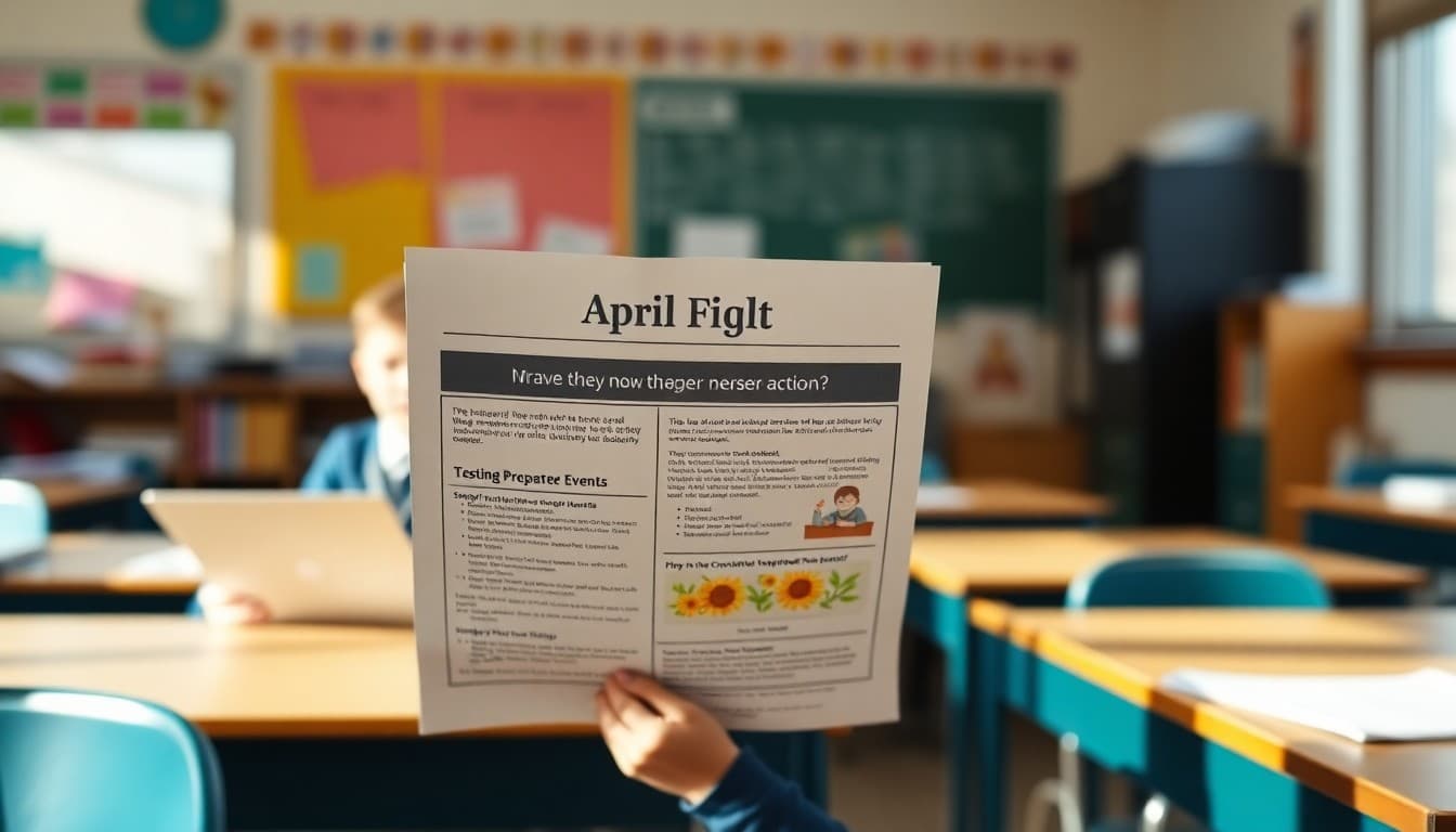 Classroom April newsletter with testing preparation and spring event content displayed