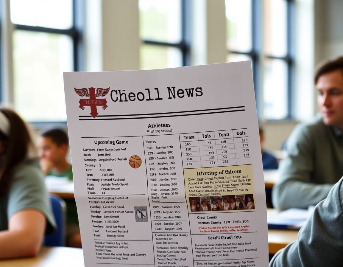 School newsletter athletics section showing upcoming game schedule and team results