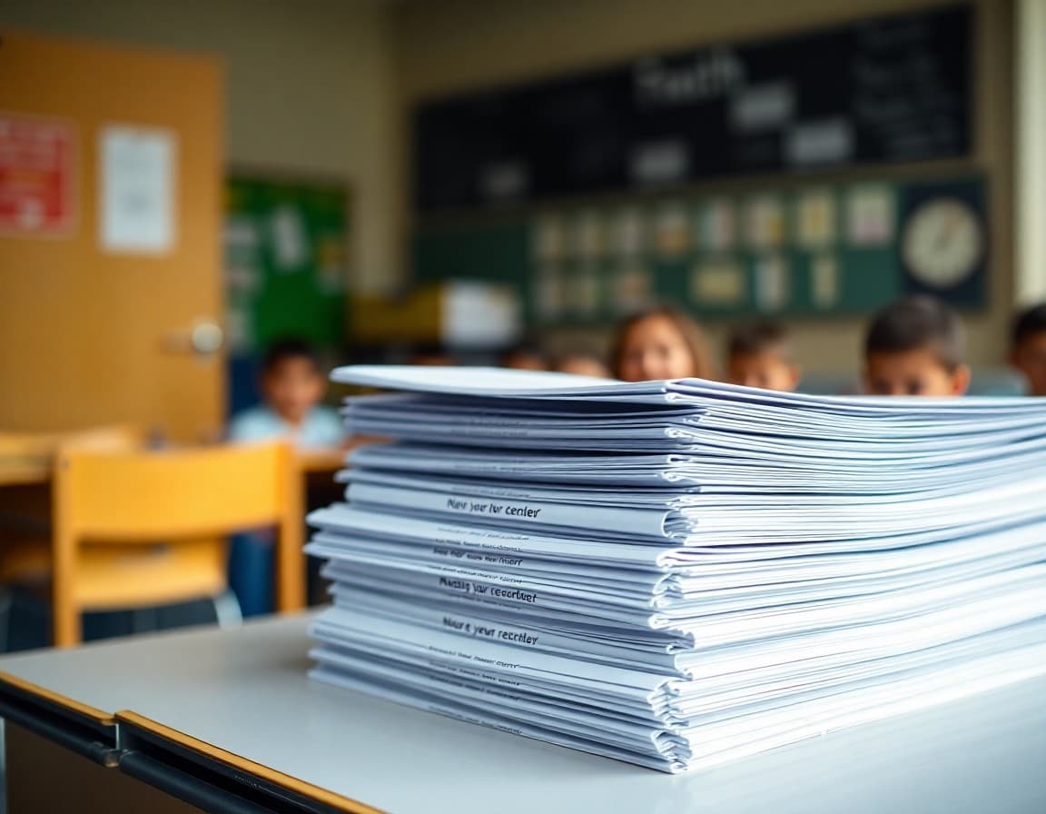 Stack of drafted newsletter documents organized by month in a binder