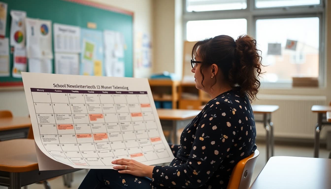 Teacher sitting with a large calendar planning school newsletter topics for the year