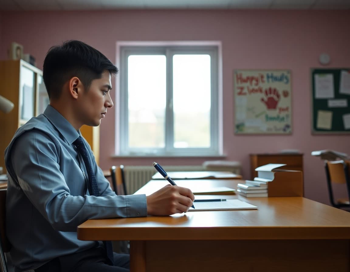 School principal writing an official communication at a desk after discovering threatening graffiti in school