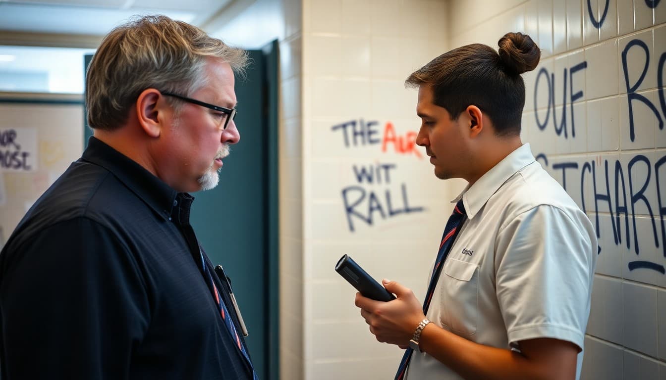 School administrator and custodian assessing and photographing bathroom graffiti to document the incident