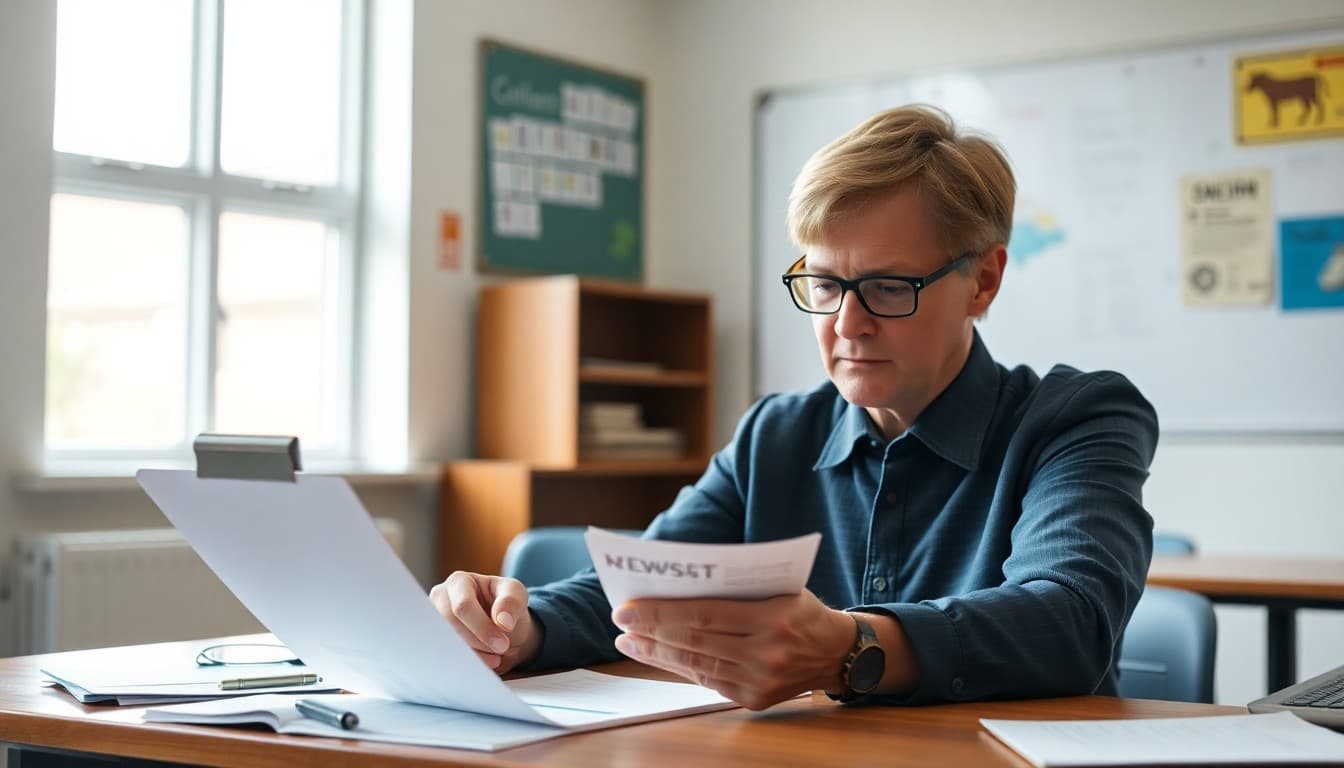 School administrator reviewing a newsletter compliance checklist at a desk