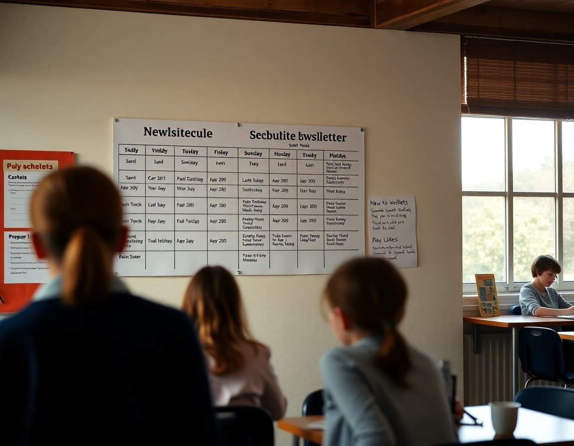 School newsletter schedule posted on a staff room wall with send dates and assignment notes