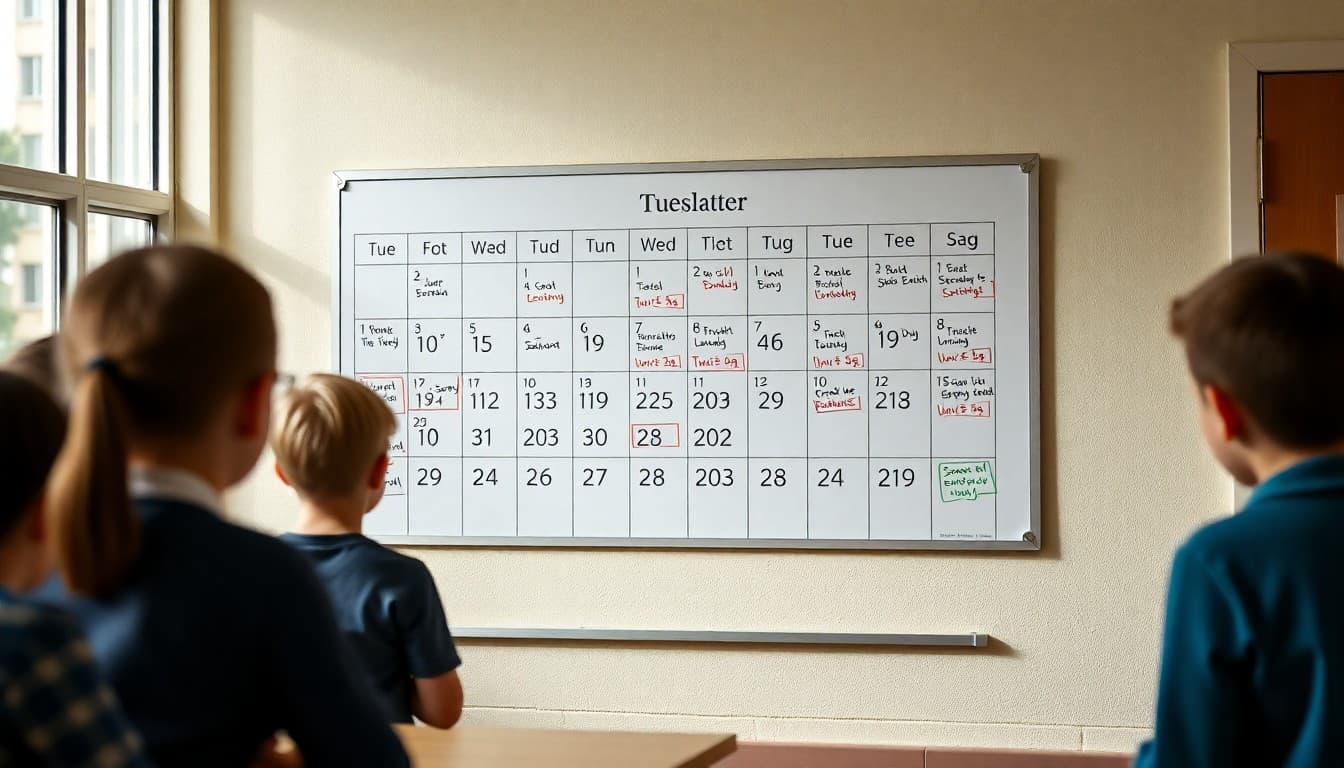Wall calendar with school newsletter send dates marked consistently every Tuesday through the year