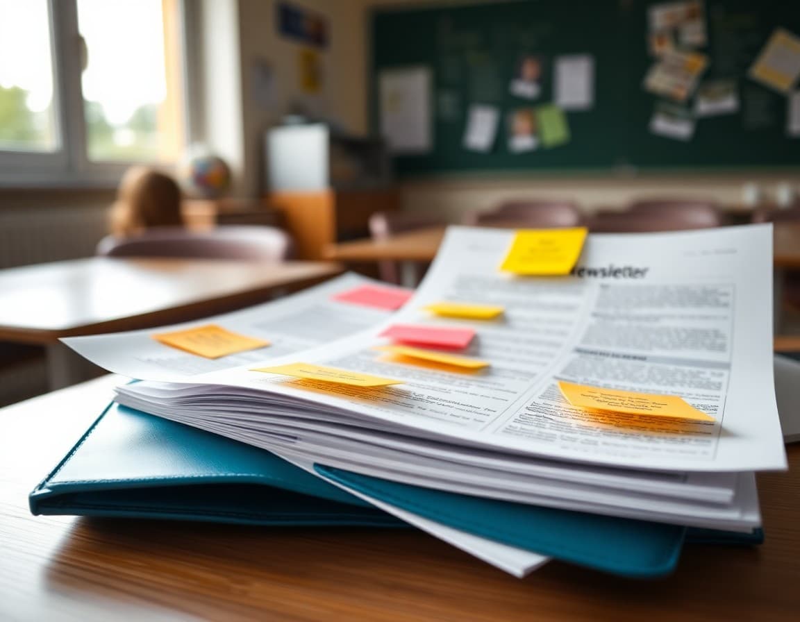 Folder labeled past newsletters open on a desk with sticky notes marking reusable sections