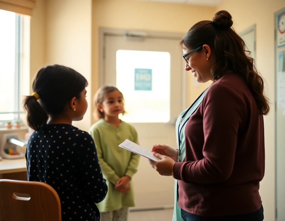School nurse reviewing dental screening results with parents in health office