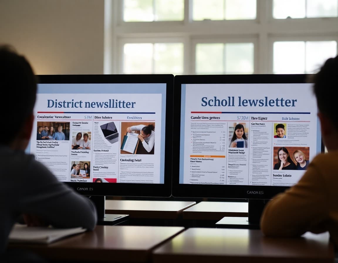 Side-by-side comparison of district newsletter and school newsletter layouts on screen