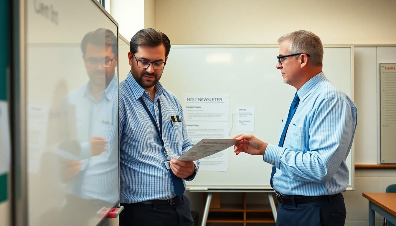 District officer and school principal reviewing their separate newsletter roles on a whiteboard