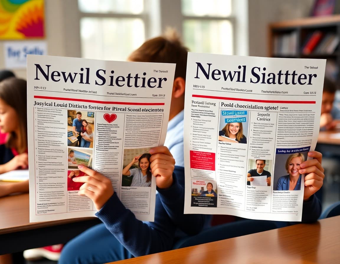 Multiple school newsletters side by side showing consistent district branding and layout