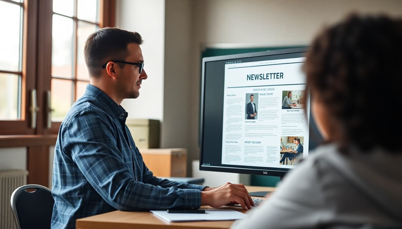 District communication officer building a shared newsletter template on a large monitor
