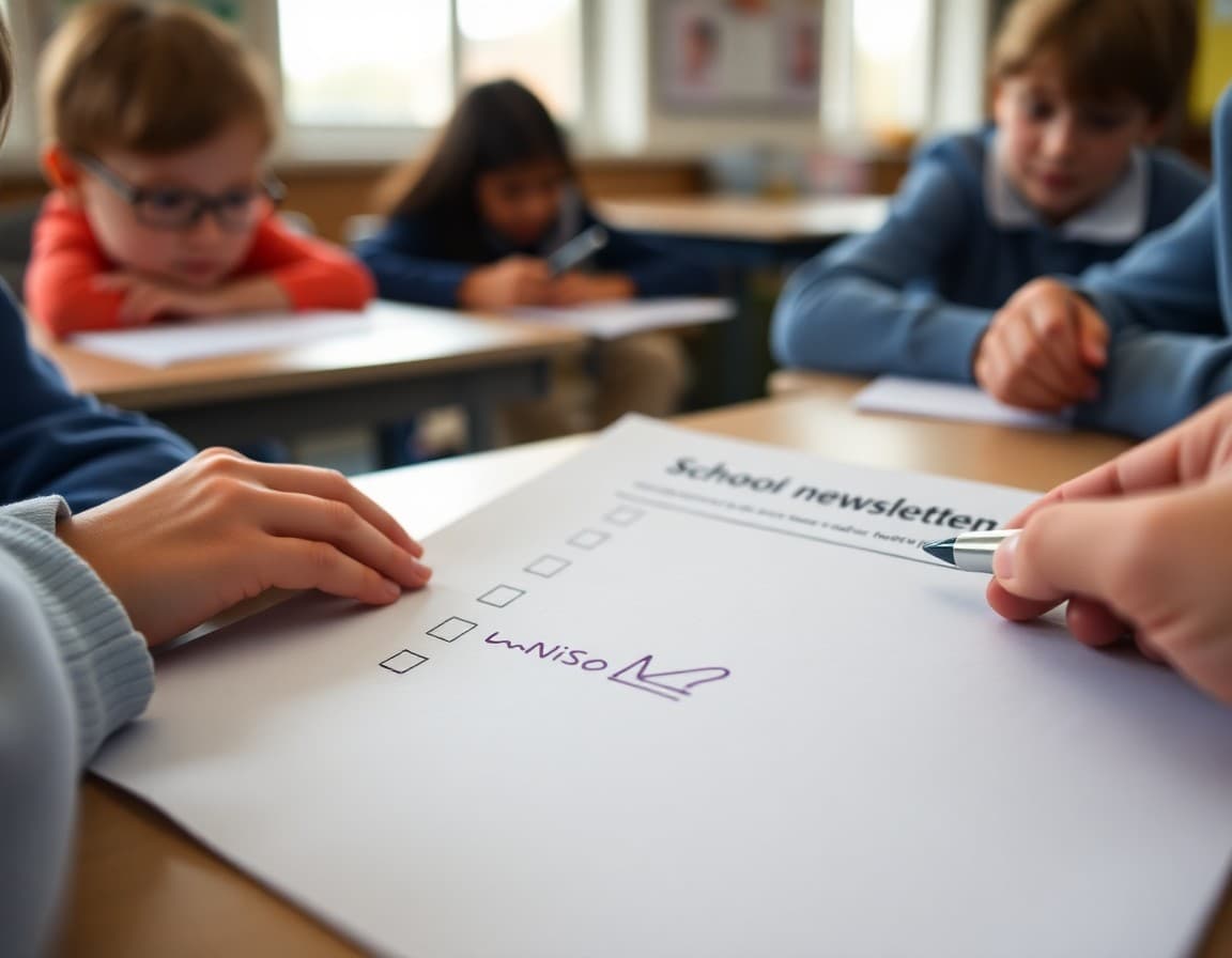 School newsletter editing checklist printed on paper with checkboxes and pen marks