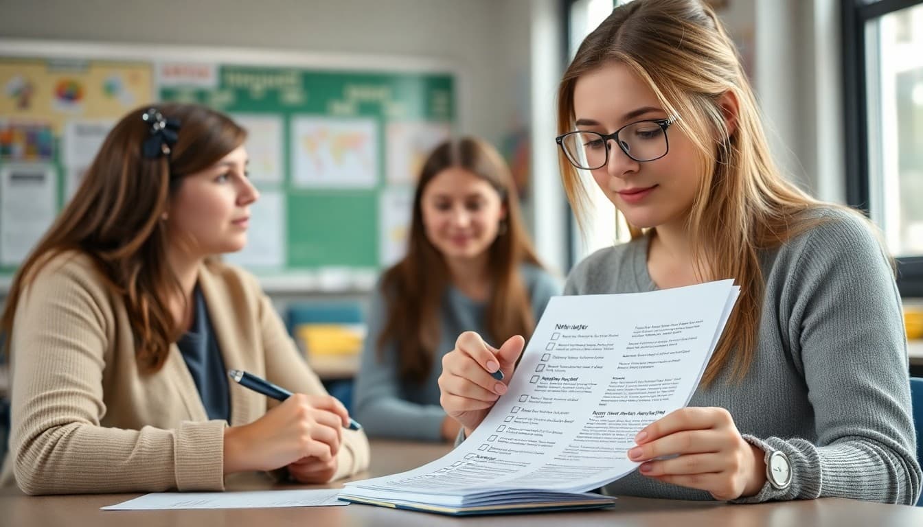 Teacher checking off items on a printed newsletter editing checklist before sending