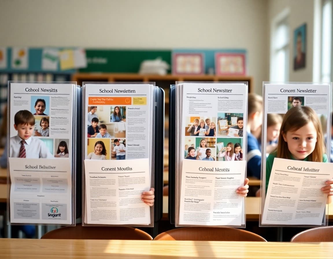 Organized folder of school newsletter content templates labeled by month and topic