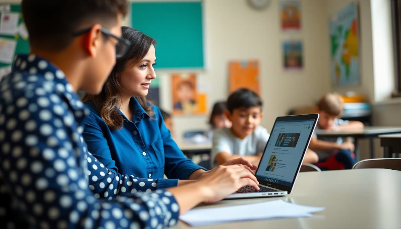Teacher using Google Sites to publish school newsletter online on laptop in classroom
