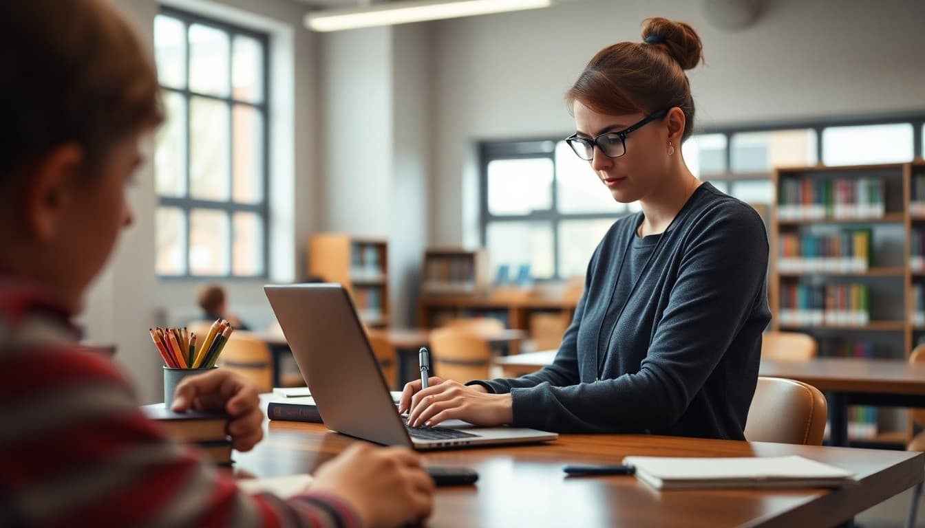 School librarian writing a guest column article on a laptop in the school library