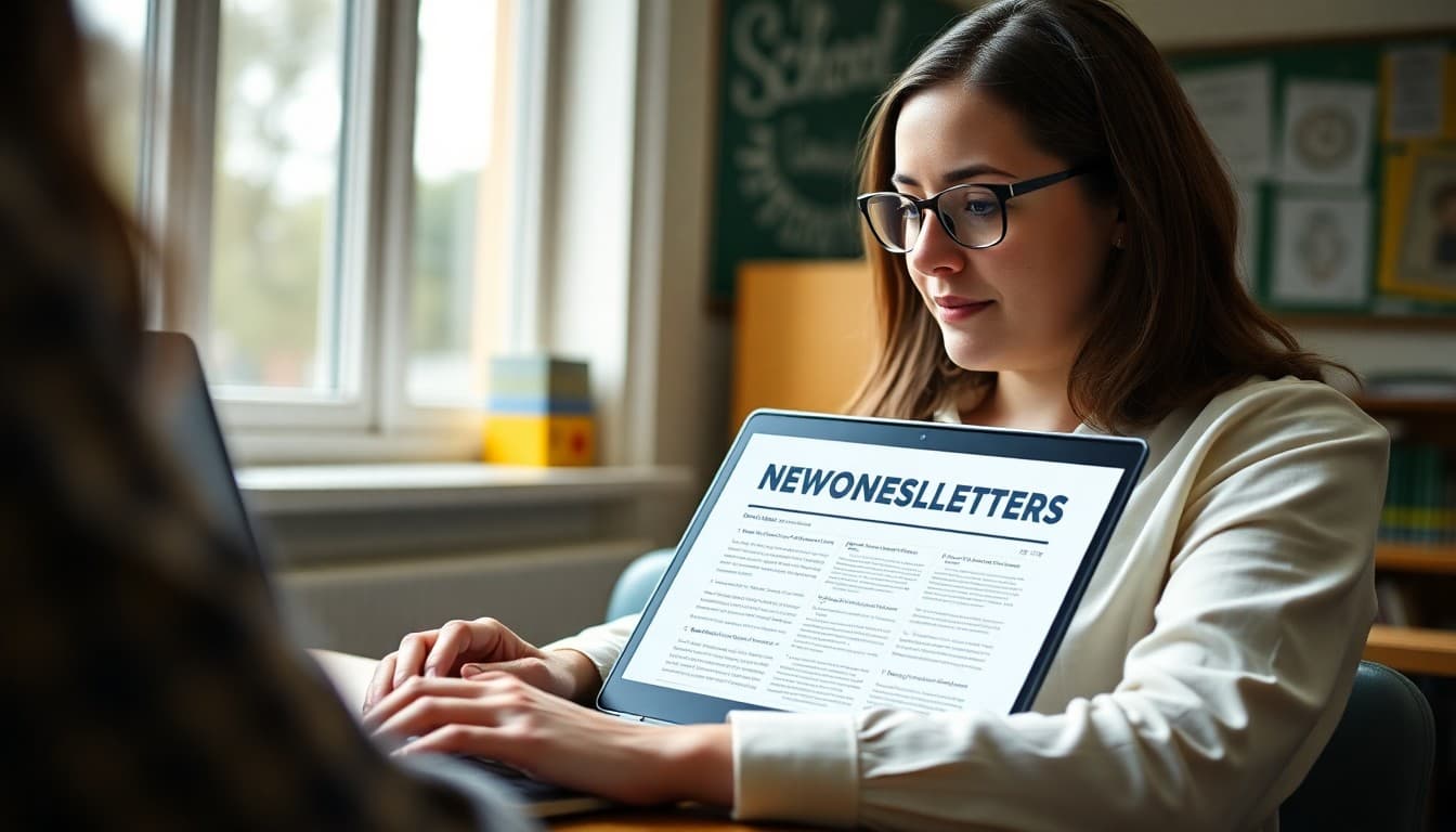 Teacher writing a compelling school newsletter headline on a laptop computer