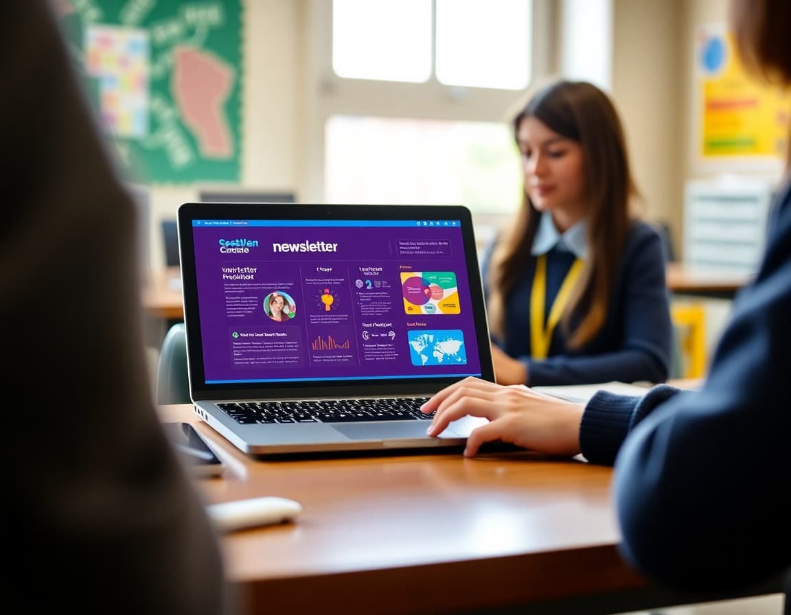 Teacher designing a school newsletter infographic on Canva on a laptop with school colors