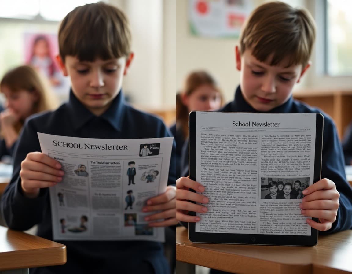 Two school newsletters side by side: one short and scannable, one long and detailed, on a tablet