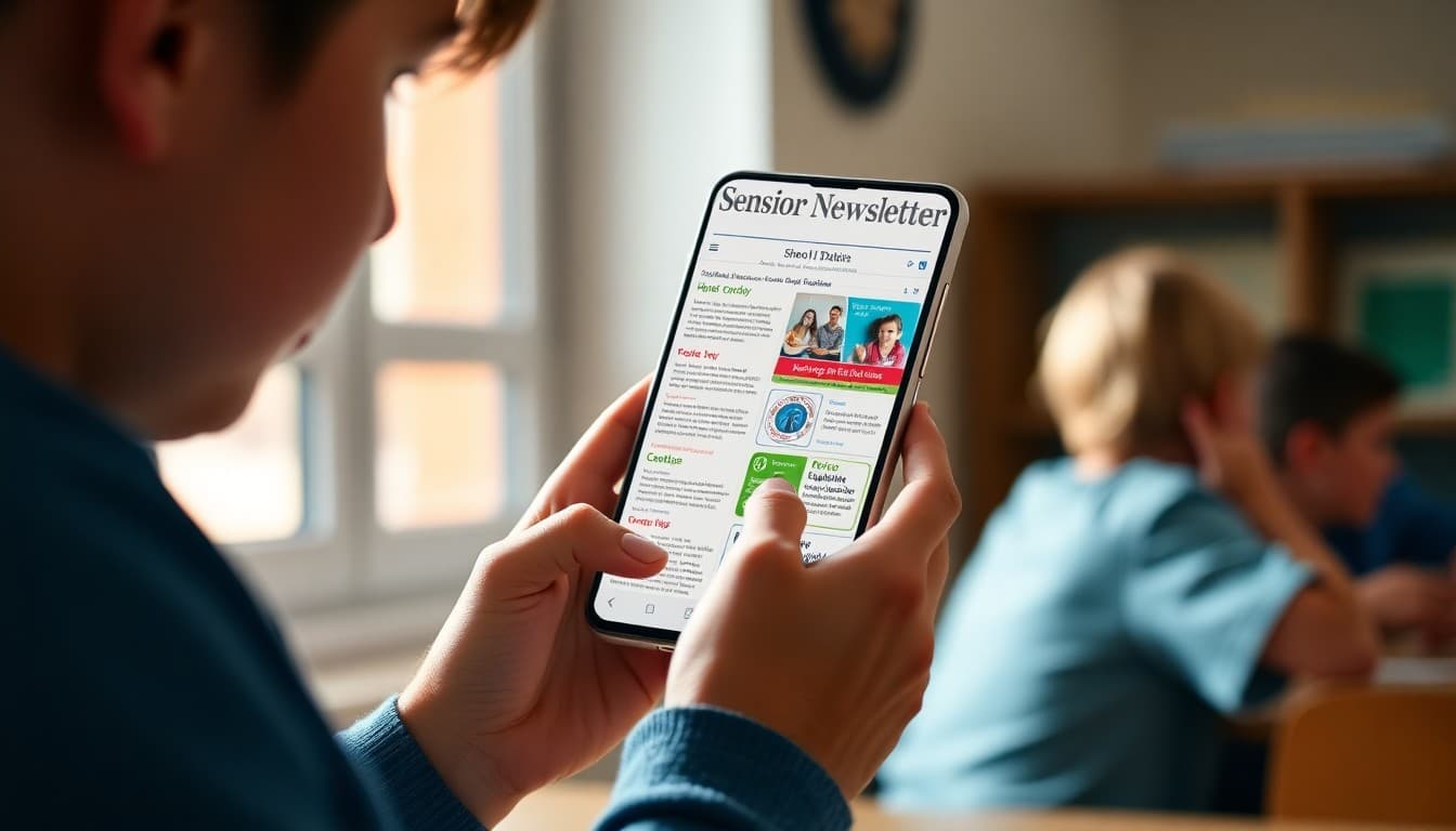 Parent on a phone scrolling through a school newsletter comparing short and long format options