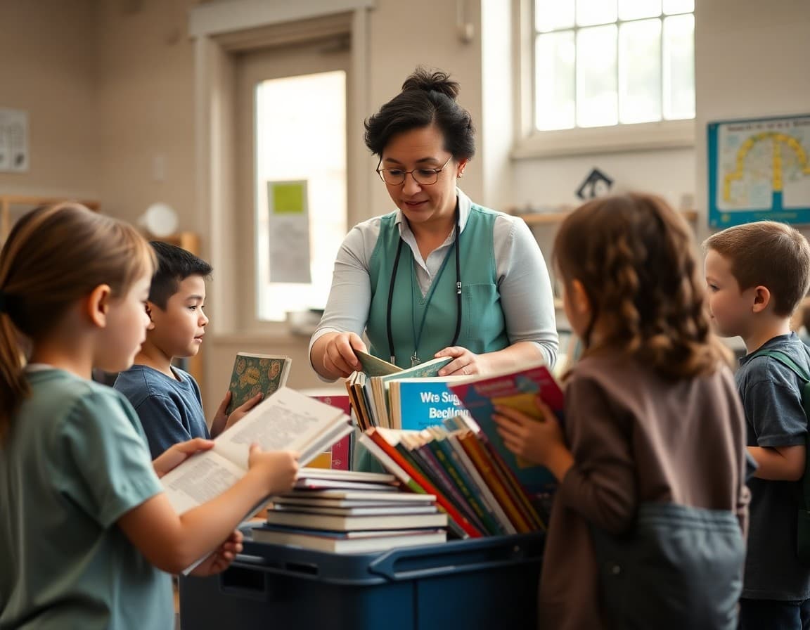 School librarian helping students check out books from a temporary library cart during a library renovation period