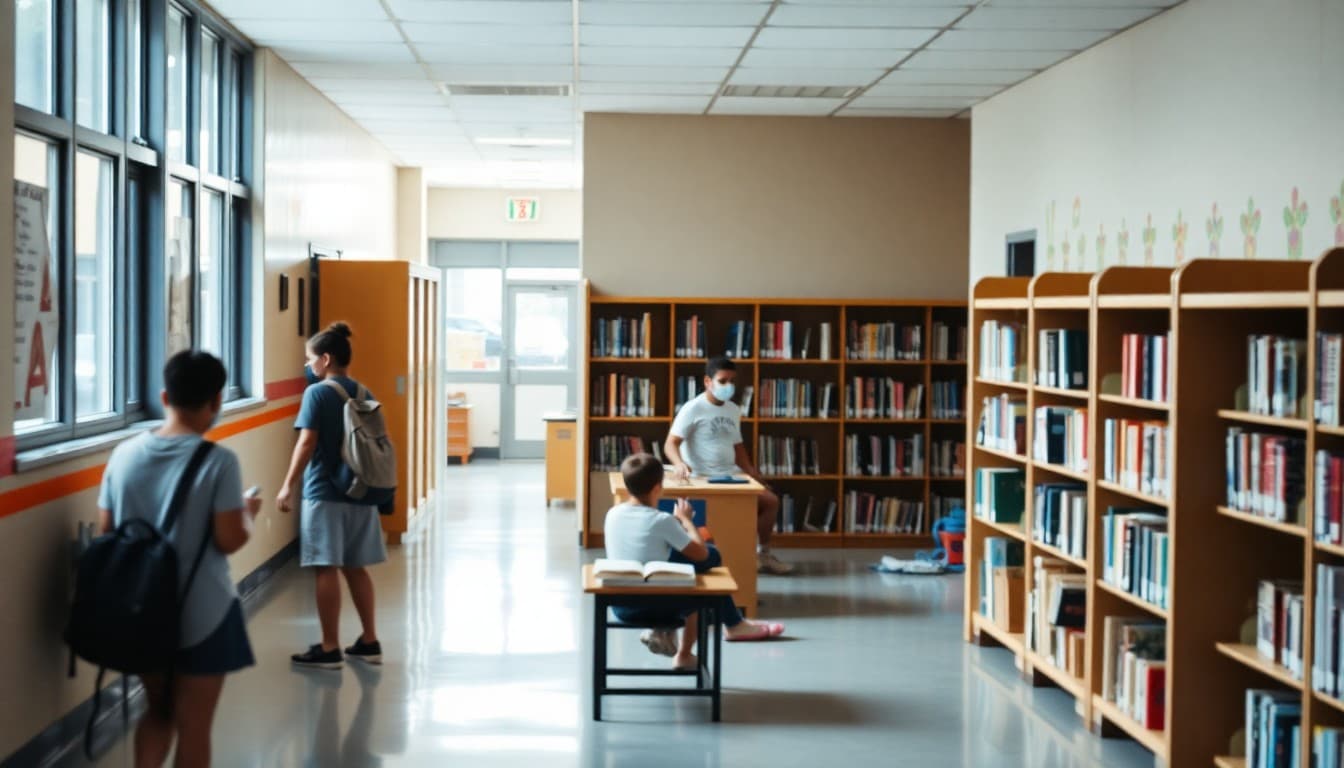 School library under active renovation with a small temporary reading corner visible in a school hallway