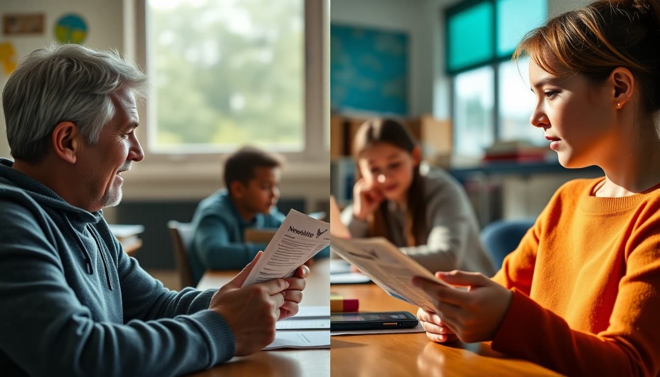 Split image showing a parent opening a school newsletter on Monday morning versus Friday afternoon