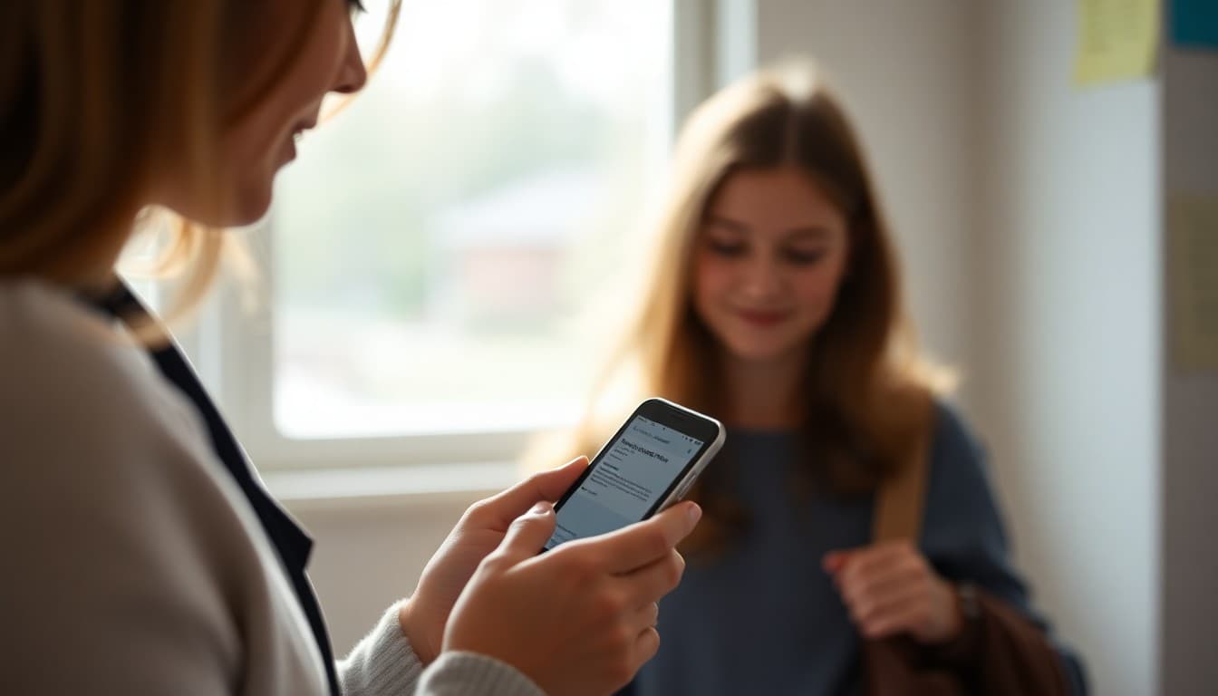 Parent checking email in the morning before school drop-off on a smartphone showing a school newsletter