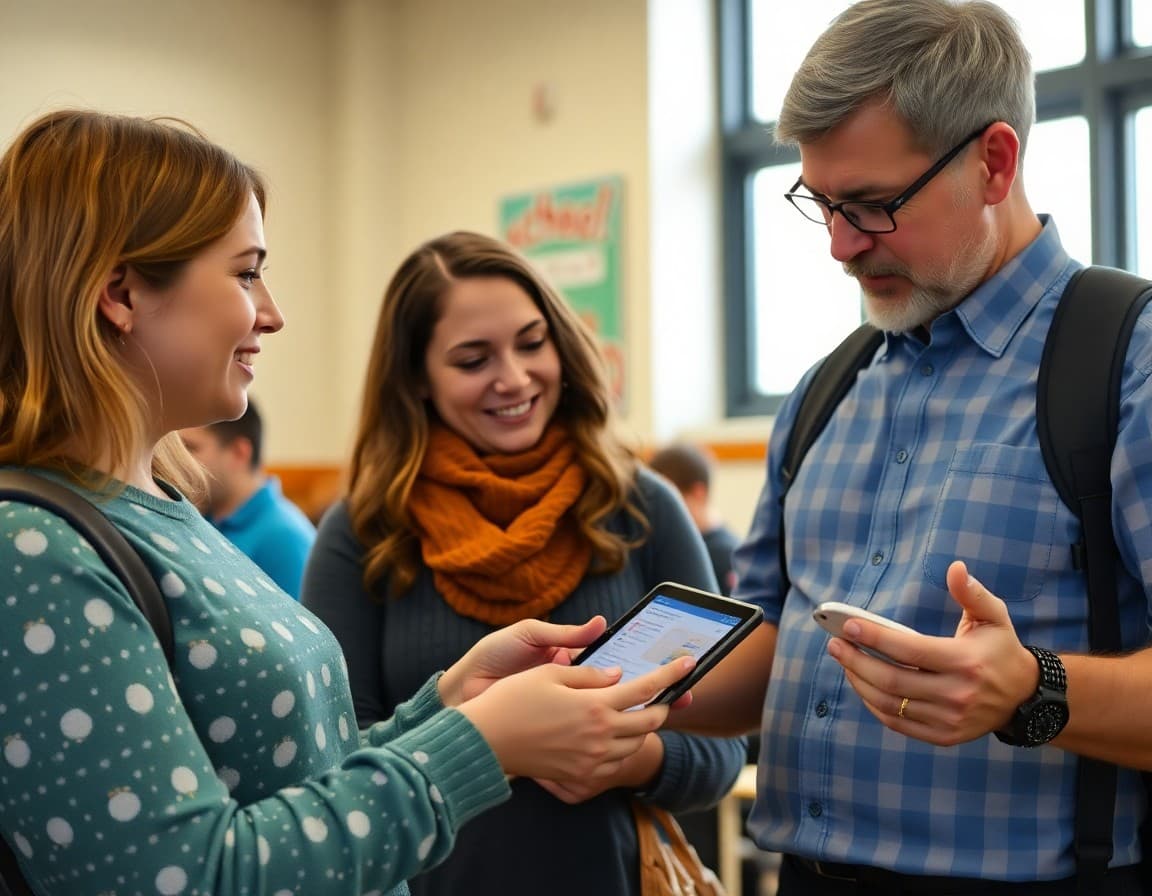Teacher helping a parent subscribe to a school newsletter on a tablet at back to school night