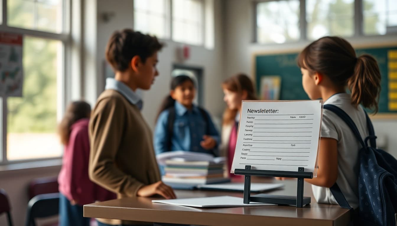 School registration desk with a newsletter signup form for new families arriving