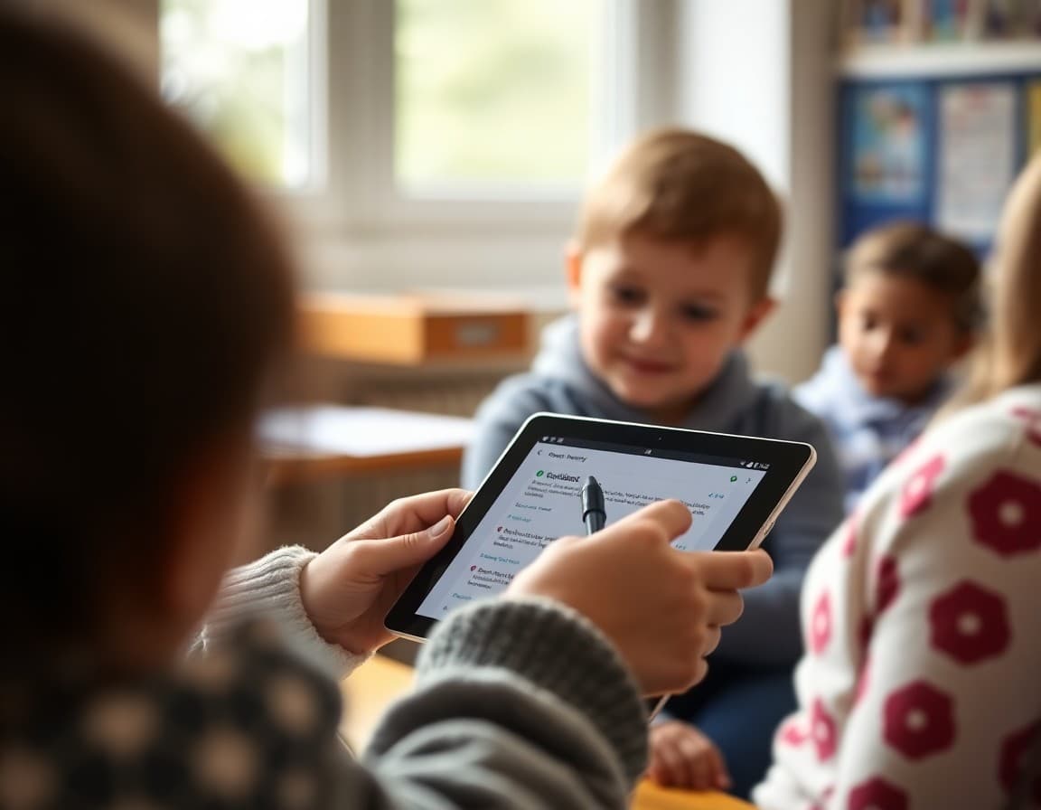 Parent writing feedback on school newsletter satisfaction survey on tablet