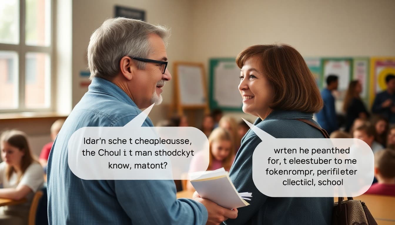 Two parents chatting at a school event with speech bubbles suggesting a quote for the newsletter