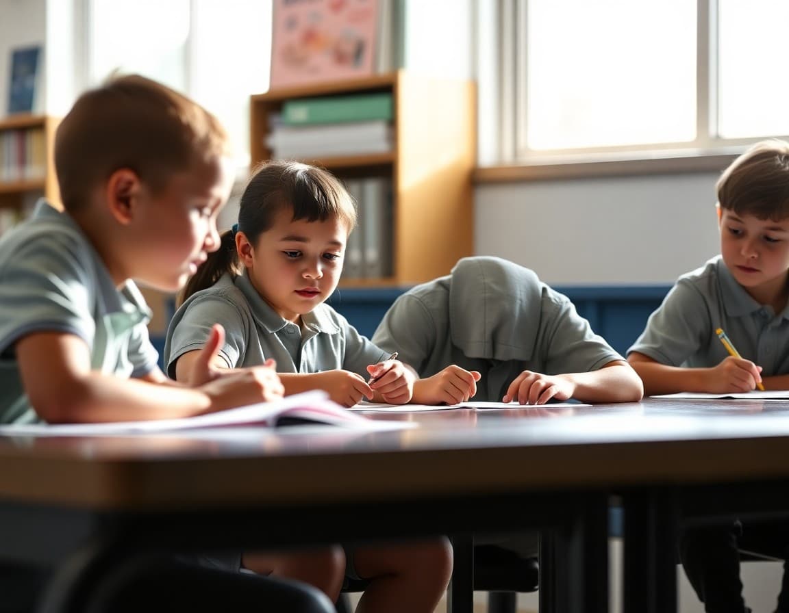 Four examples of good school newsletter photos showing natural lighting, student activity, and clear focus