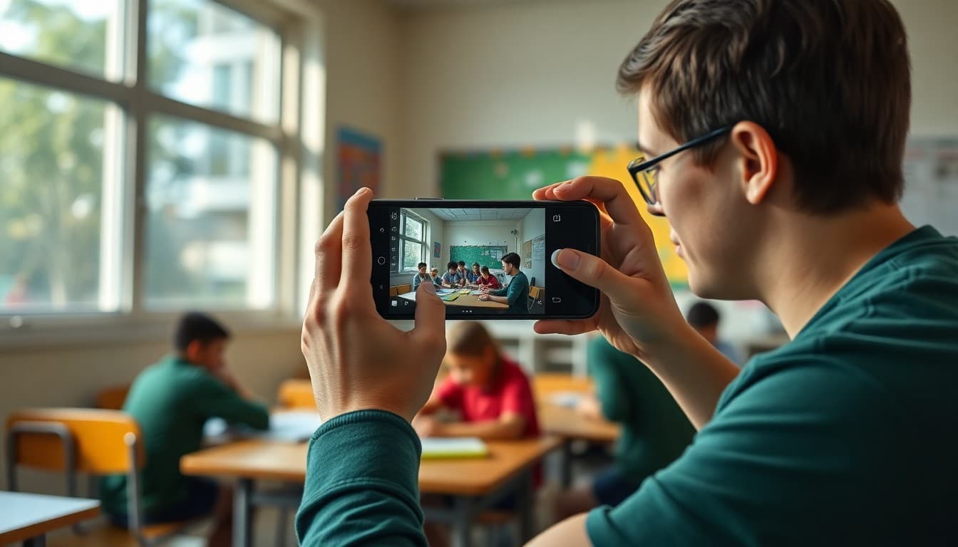 Teacher taking a photo of students working on a classroom project with a smartphone