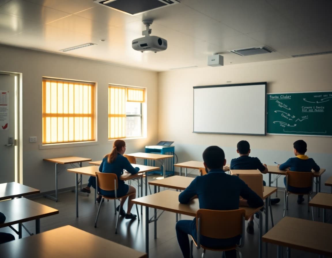 Interior of a well-equipped portable classroom with student desks, a projector, and bright lighting visible