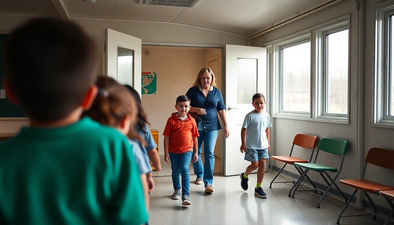 Students and teacher moving into a portable classroom at school during a building renovation period