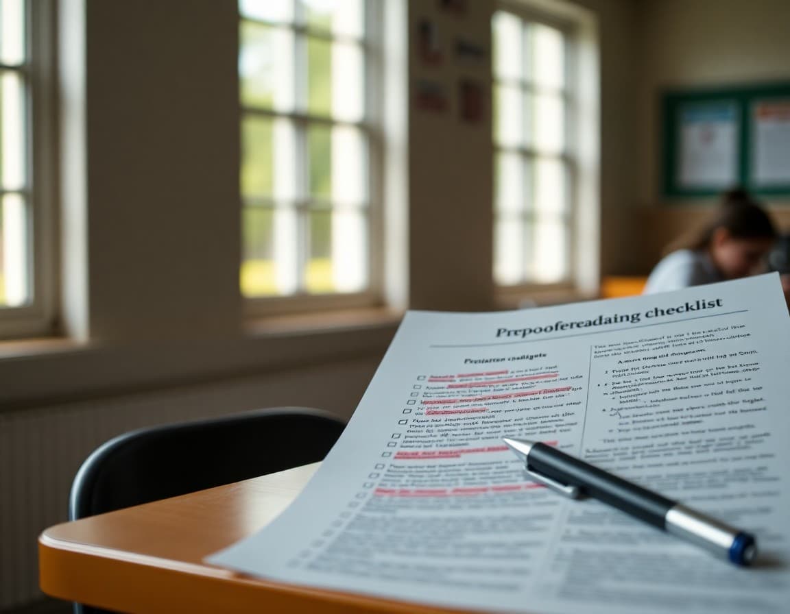 Proofreading checklist next to a school newsletter draft with errors circled in pen