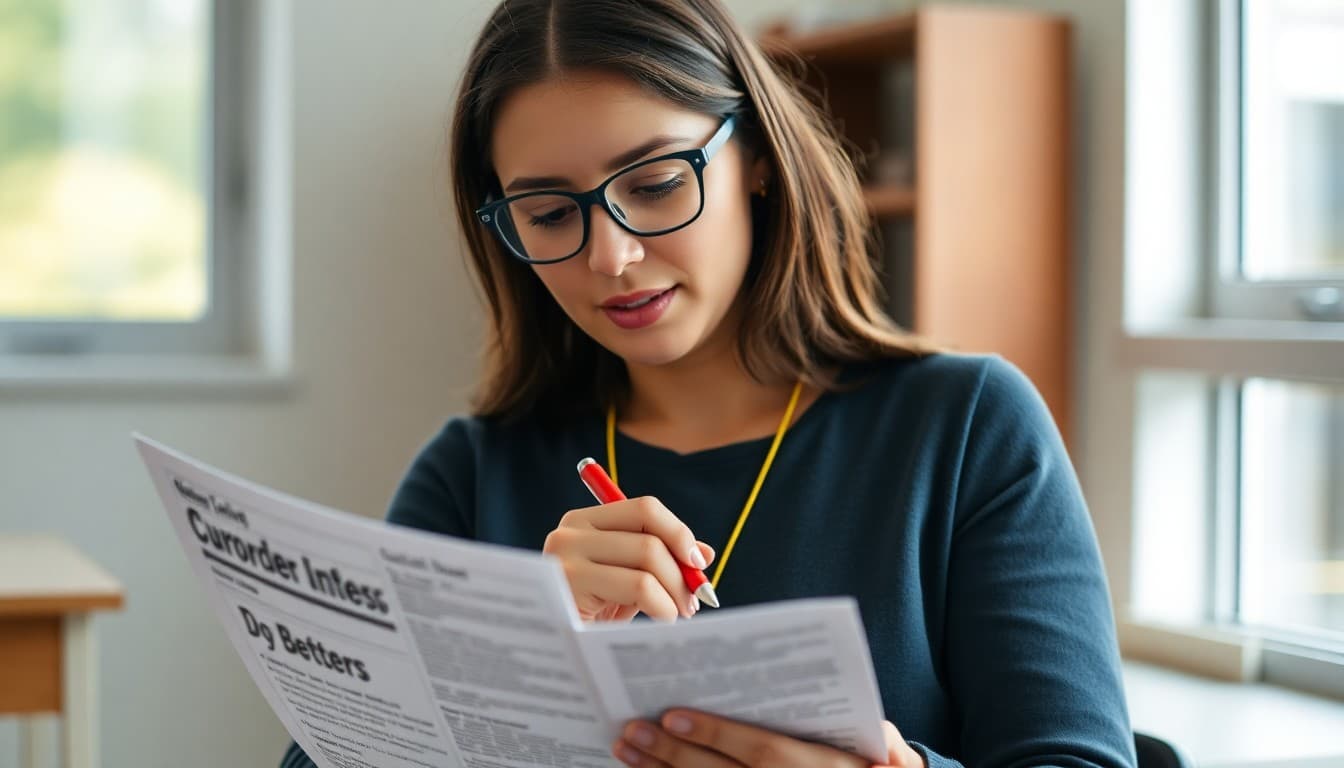 Teacher carefully reading a printed school newsletter with a red pen in hand