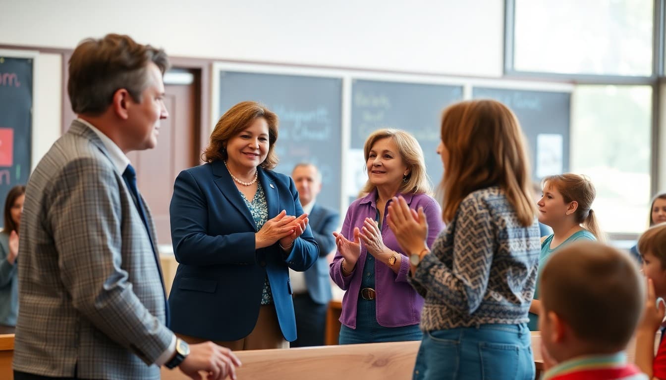 New PTA president being welcomed at a school meeting by outgoing president and school principal with parents applauding