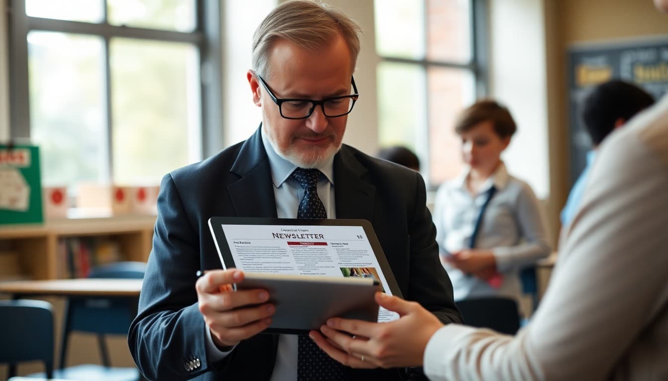 School principal reviewing a comprehensive quarterly newsletter layout on a tablet
