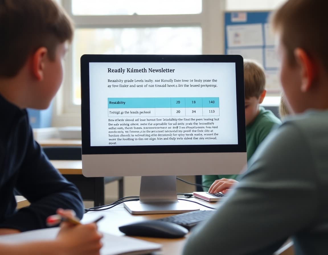 Readability score report on a computer screen showing Flesch-Kincaid grade level for a school newsletter