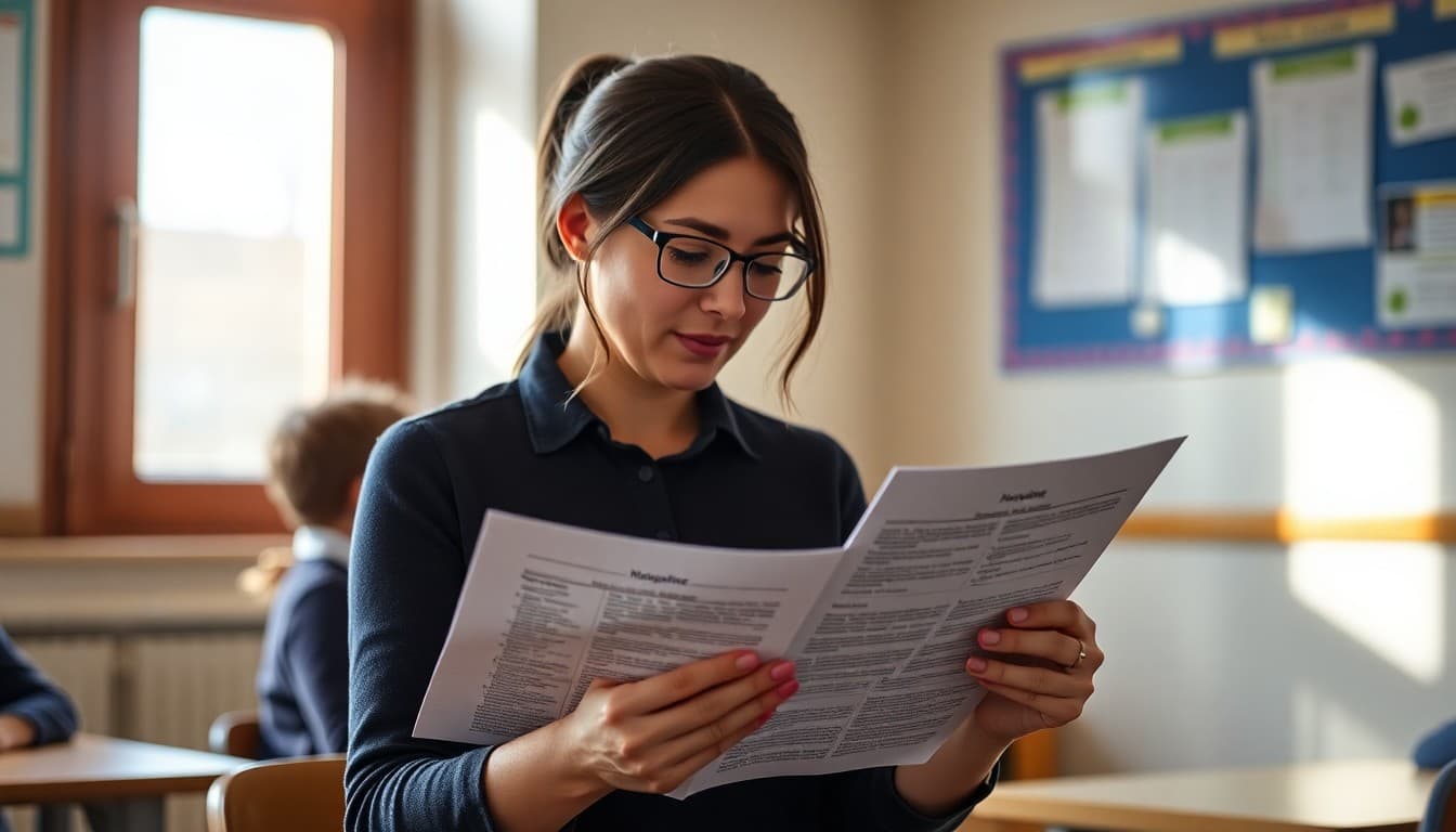 Teacher reading a school newsletter draft and marking sections for simplification