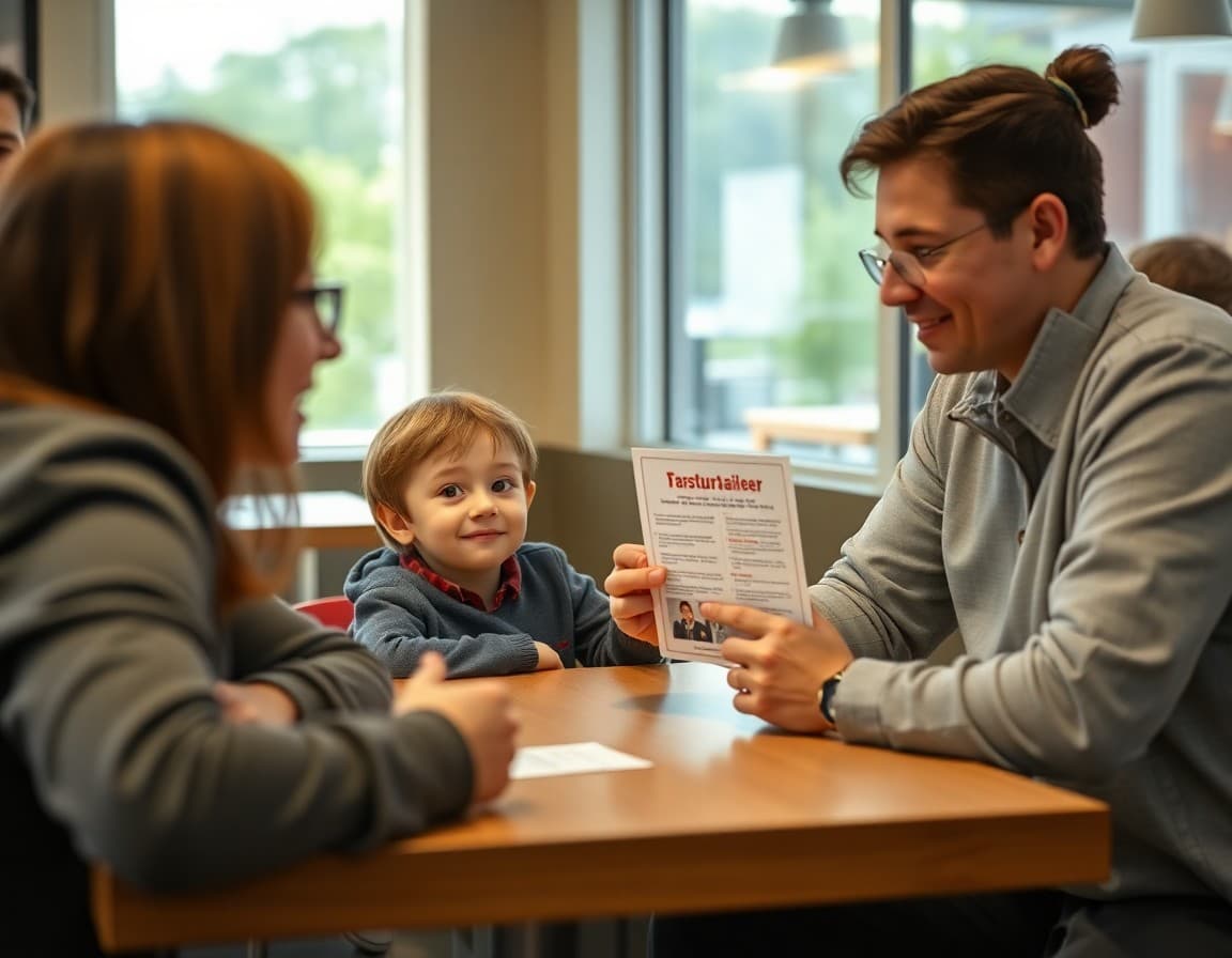 Parent and child at restaurant table showing fundraiser flyer to server