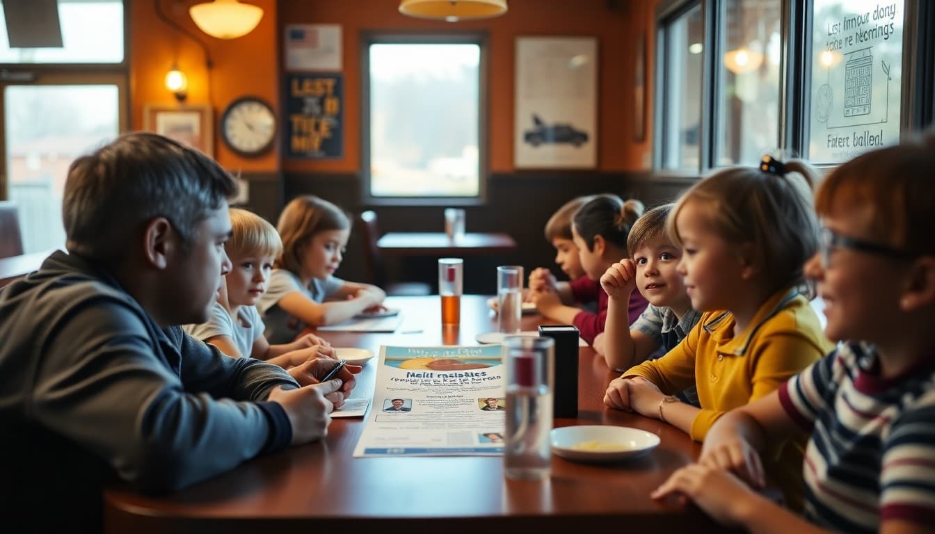 School families dining at restaurant for school fundraiser night with school flyer