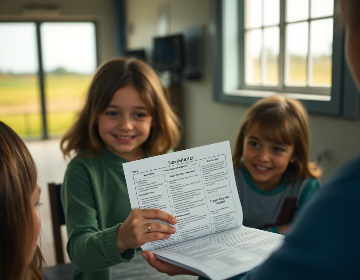 Printed school newsletter arriving by mail at rural family farmhouse without internet connection