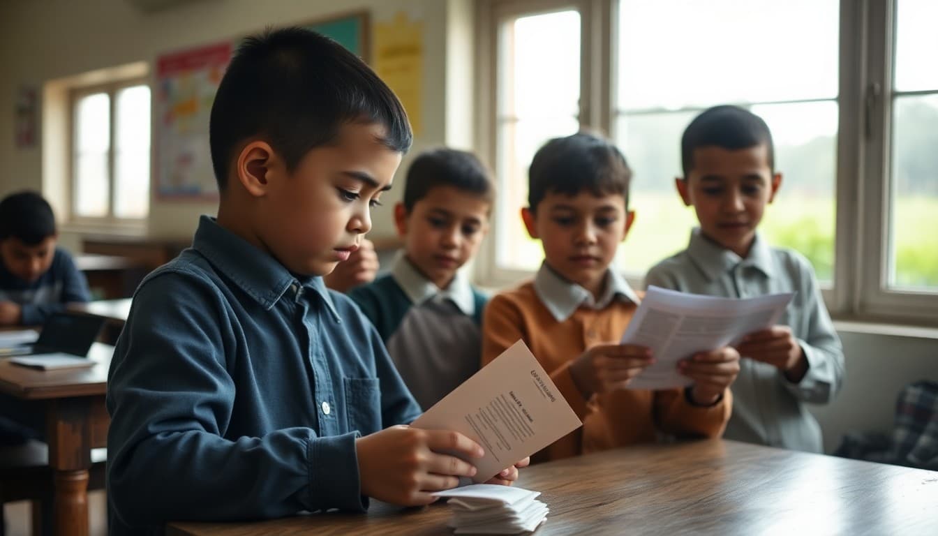 Rural school preparing printed newsletters in envelopes to mail to families without internet access