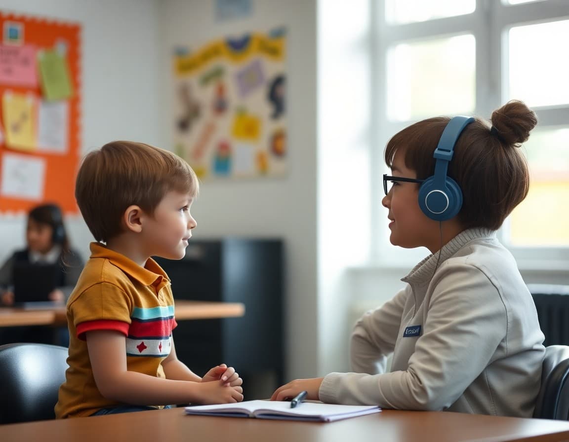 Audiologist conducting hearing test with school age child in quiet testing room