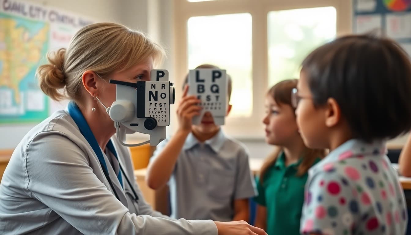 School nurse conducting vision screening with elementary students using eye chart