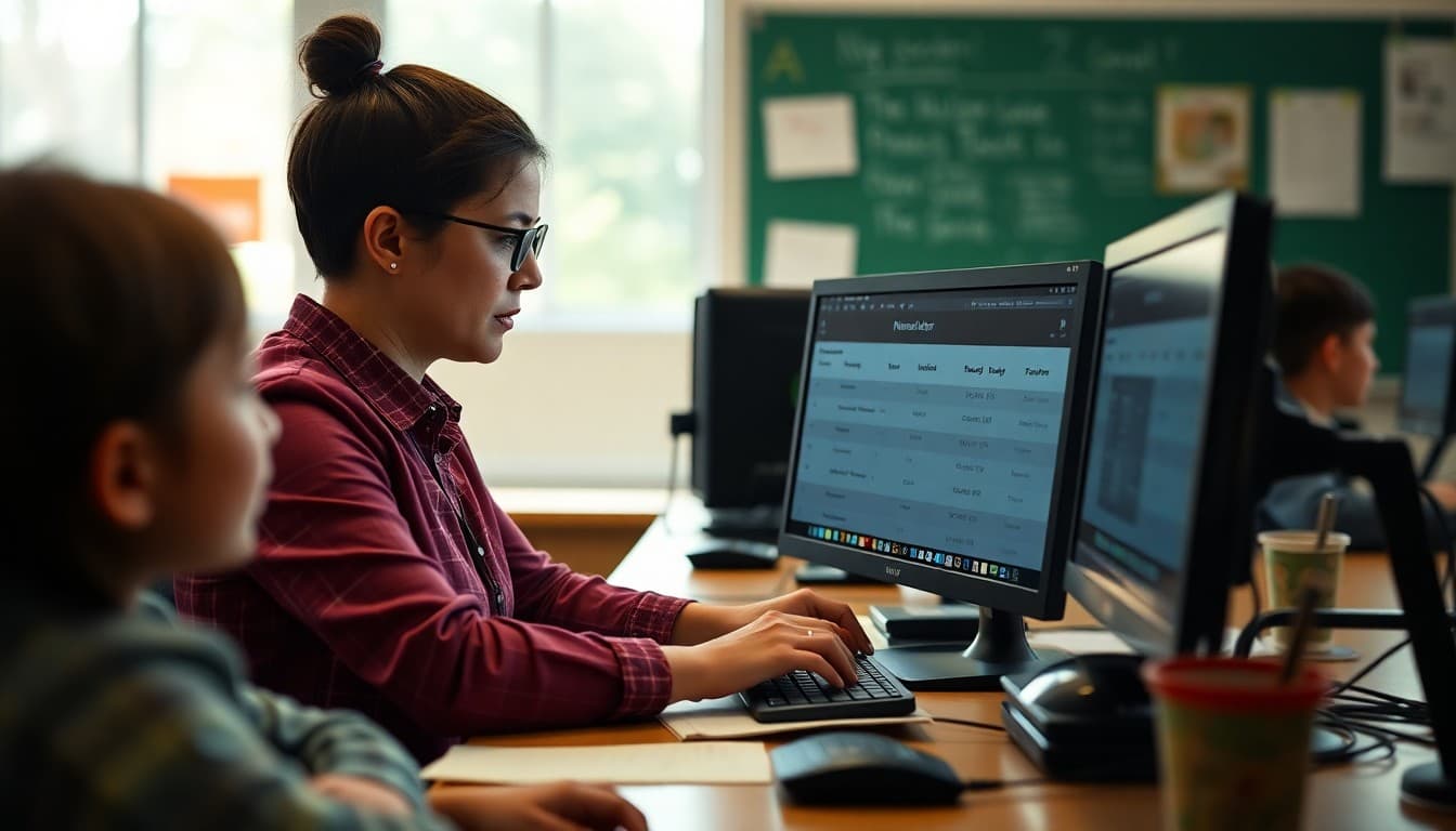School administrator creating segmented newsletter lists by grade level on computer