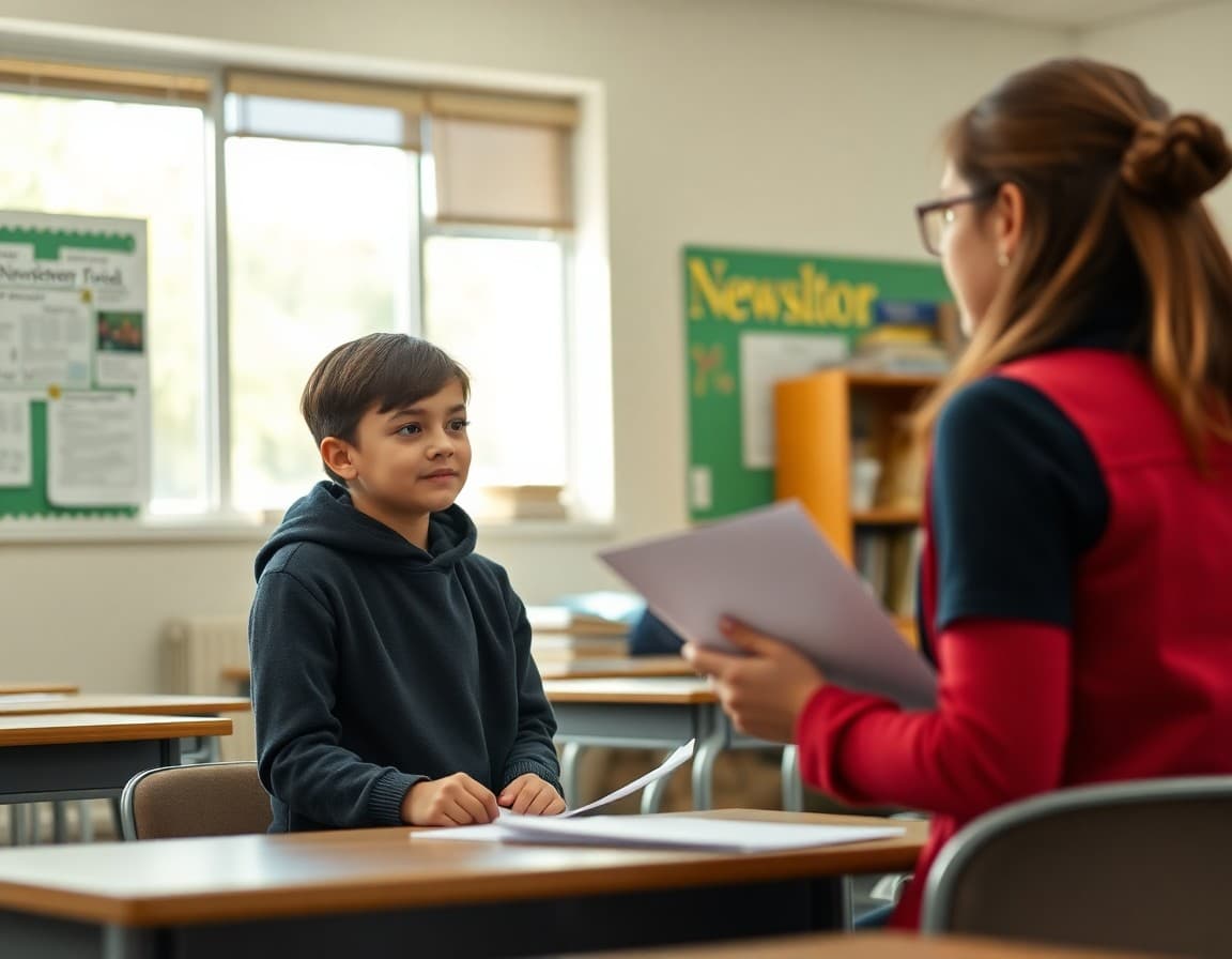 Teacher interviewing a student for a newsletter spotlight in a classroom